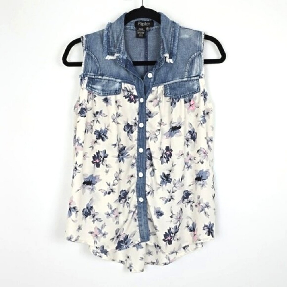 Papillon Women's Denim Yoke Semi Sheer Floral Sleeveless Blouse Blue XS